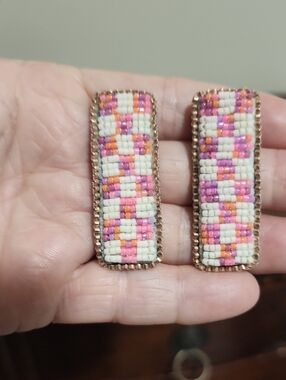 Handmade Beaded Pink and Cream Rectangular Earrings